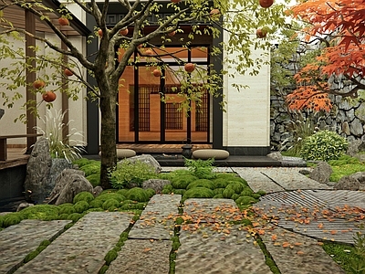 日式新中式园路 石板路 汀步 苔藓 景观树 庭院花园