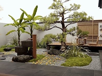 新中式日式庭院 禅意休闲庭院 枯山水 景观松树 植物造景 水钵水景