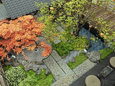 日式新中式庭院 民宿庭院 乡村庭院 青石板 苔藓 景观树