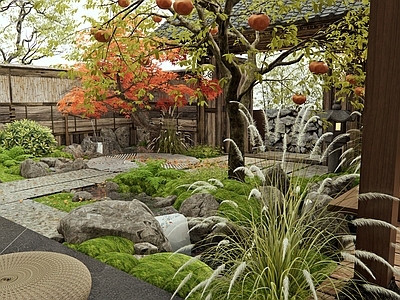新中式禅意庭院 青石板 柿子树 红枫 庭院门 苔藓景观