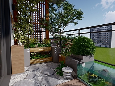 现代原木家居阳台 阳台鱼池 阳台桌椅 种植池 菜地 阳台工具