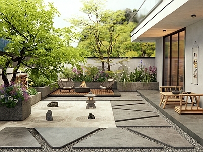 现代庭院 别墅庭院 枯山水 花草 景观树 户外桌椅
