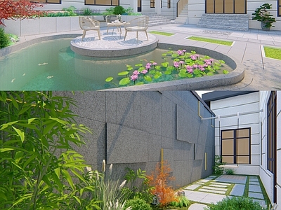 现代新中式别墅庭院 水景墙 水池 休闲卡座