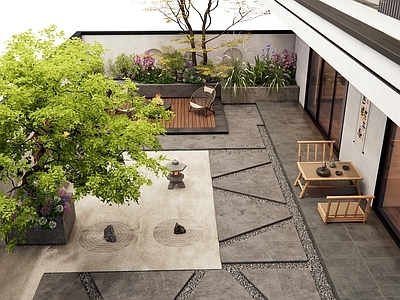 现代庭院 别墅庭院 茶桌椅 休闲庭院 景观树 植物景观