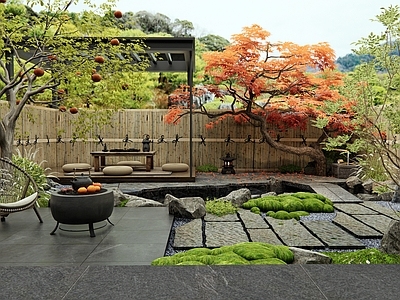 新中式庭院 别墅庭院 石板汀步 鱼池水景 景观树 户外椅