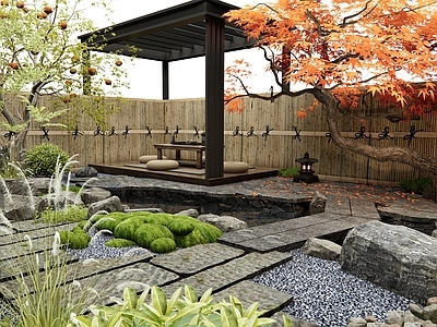 新中式乡村庭院 老石板路 汀步 庭院水景 柿子树 红枫