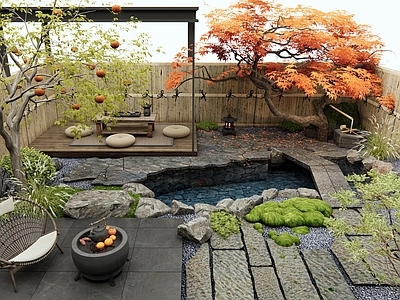 日式禅意庭院 鱼池水景 石板路 汀步 植物造景 果树