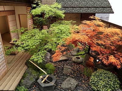 新中式禅意乡村庭院 水钵水景 景观石头 汀步 枫树 枯山水