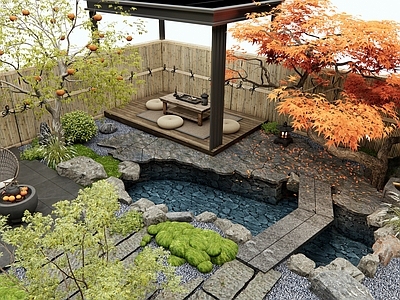 新中式禅意庭院 鱼池水景 红枫 果树 柿子树 石板路