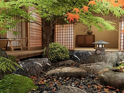 日式禅意室内景观 景观石头 水钵水景 枯山水 天井庭院 红枫景观树