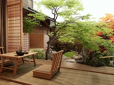 日式禅意庭院 茶桌椅 水钵水景 景观石头 景观树 红枫