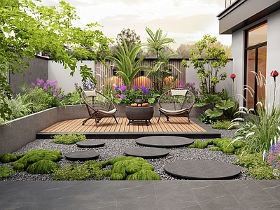 现代庭院 别墅庭院 花草 户外椅 植物堆 汀步