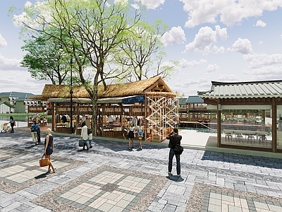 中式中古商业街 苗寨建筑 小吃街 中式茅草棚 商业外观建筑 中式小吃食集