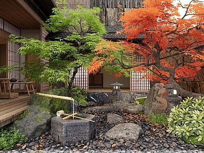 新中式禅意庭院 乡村庭院 民宿庭院 流水水景 景观石头 植物造景