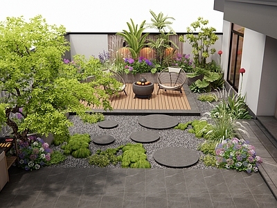 现代庭院 别墅庭院 休闲庭院 植物堆 花草 户外椅