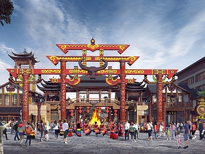 复古原木古建筑 古建筑步行街 彝族商业街 步行街 古建 牌坊