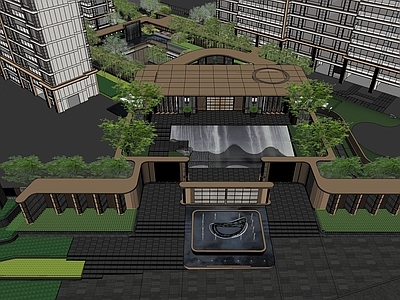 现代新中式小区建筑 越秀 示范区 售楼处 社区大堂 下沉庭院