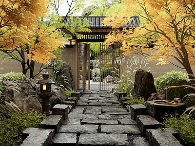 日式禅意庭院 石板路 景观石头 景观树 庭院大门 水钵水景