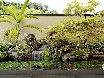 新中式假山水景 水生植物 水景 鱼池 庭院景观 植物堆
