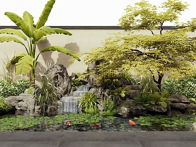 新中式禅意假山水景 水景 假山 水生植物 鱼池荷花 植物堆