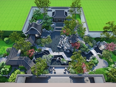 中式新中式小区景观 古典中式展示区 四角亭 连廊 折桥 假山跌水