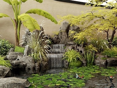 日式禅意假山水景 水景 假山 水生植物 鱼池 景观树