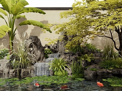 现代假山水景 水景 假山 鱼池 花草 植物造景