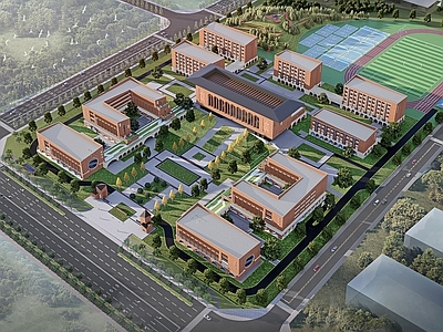 现代简约学校建筑 现代红砖学校 学院风中学