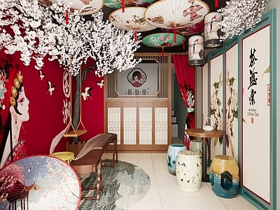 现代中式奶茶店 咖啡厅 油纸伞 古筝