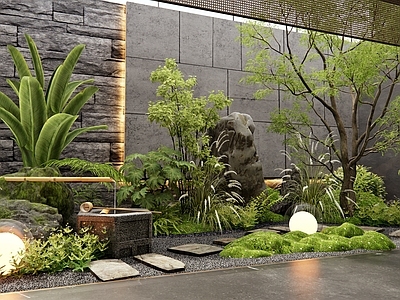 现代室内景观 天井 植物造景 庭院景观 植物堆 汀步
