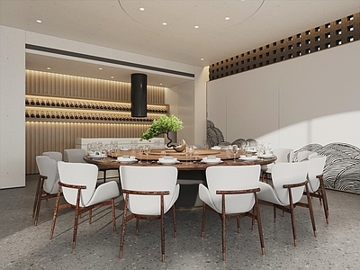 现代包厢 大包房 餐桌椅 餐具 植物摆件