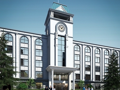 现代新中式学校外观 教学楼
