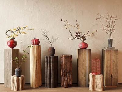 侘寂新中式柱子 花艺柱子 圆柱 老木头柱子 陶罐花艺 花瓶花艺