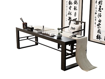 新中式中式书桌椅 书桌椅餐椅扶手椅 文房四宝字画毛笔 茶具抱枕太师椅 书桌案几长案 书画文具