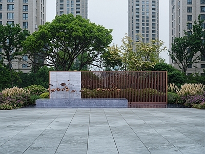 新中式现代小区景观 新中式 金属 镂空 景墙 水景