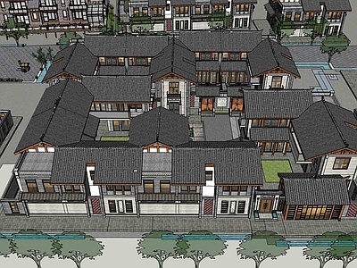 现代中式民宿建筑 中式民宿合院 中式古镇商业街 中式民宿酒店商业 前店后坊合院商业 中式仿古街巷商业