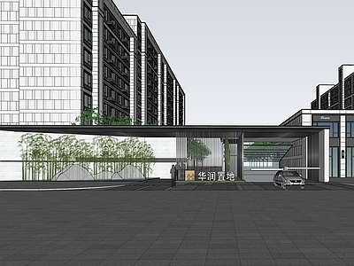 现代极简小区建筑 小区次要出入口 次入口 沿街商业 门卫 底商