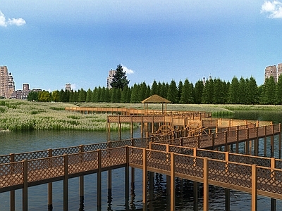 现代滨水 湿地公园木栈道 湿地景观 木游廊
