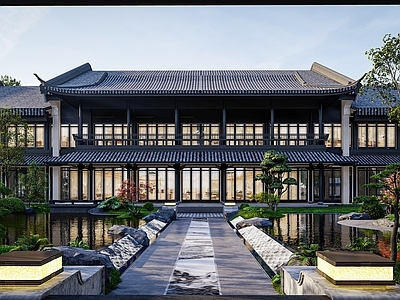 中式新中式酒店建筑 中式酒店 新中式特色酒店 中式水景景观 中式酒店庭院 多层酒店建筑