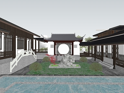 现代新中式民宿建筑 平地民宿建筑 合院