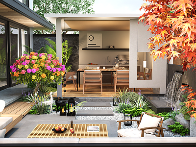现代屋顶花园 现代别墅庭院 户外桌椅 水景廊架 花草植物 花池 植物组合