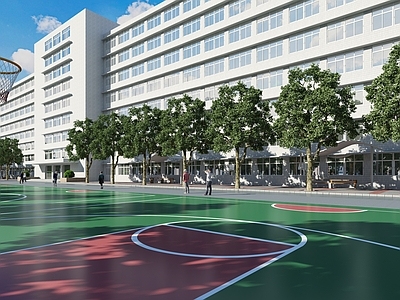现代新中式学校外观 学校教学楼 学校广场景观 校园中庭 现代校园大门 篮球场