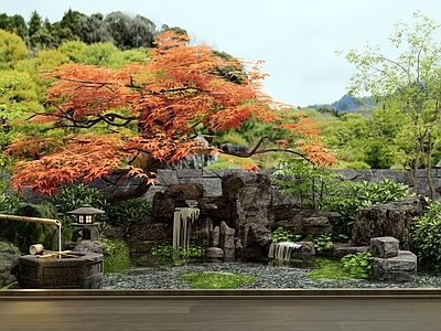 新中式日式假山水景 水景 假山 庭院花园 植物堆 跌水景观