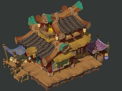 中式复古风格建筑 小卖部 场景建筑