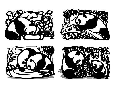 家禽动物 熊猫 国宝 熊猫剪影 民俗剪纸