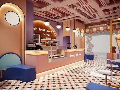 现代奶茶店 甜品奶茶店 云朵灯前台 卡通工业风咖啡店 卡座吊灯 管道