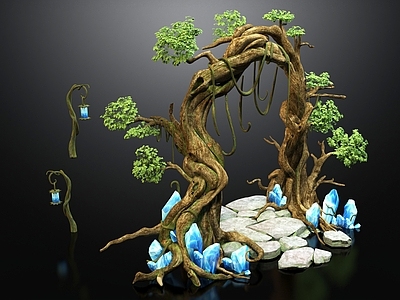 植物堆 卡通场景植物拱门 缠绕藤条 树藤藤曼树枝 植物路灯 植物大门