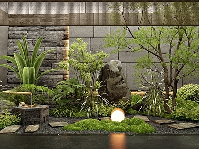 现代禅意庭院 天井景观 下沉庭院 水钵水景 植物堆 景观树