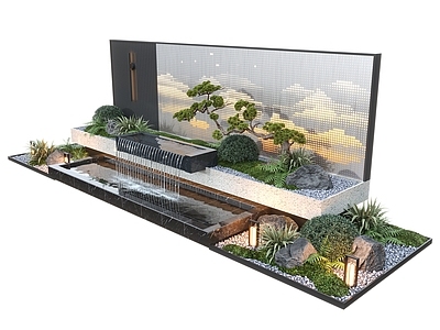 现代新中式水景 现代庭院水景墙 叠水 跌水 庭院水景