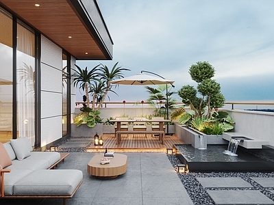 现代屋顶花园 现代屋顶花园 水景 水池 户外沙发 户外餐桌